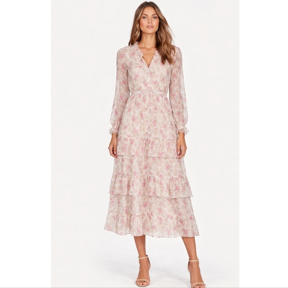 LOVESHACKFANCY SILK FLORAL DRESS PINK METALLIC LUREX